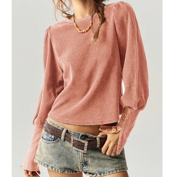 Solid Thermal Knit Puff Button Cuff Long Sleeve Top - Picture 14 of 14